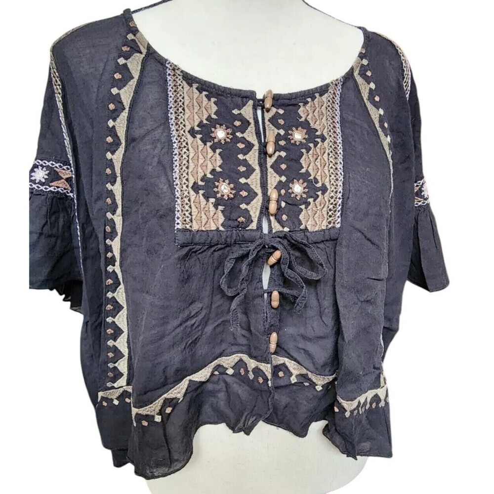 Free People Blouse XS Slightly Sheer Embroidered Batwing Boho Hippie Black